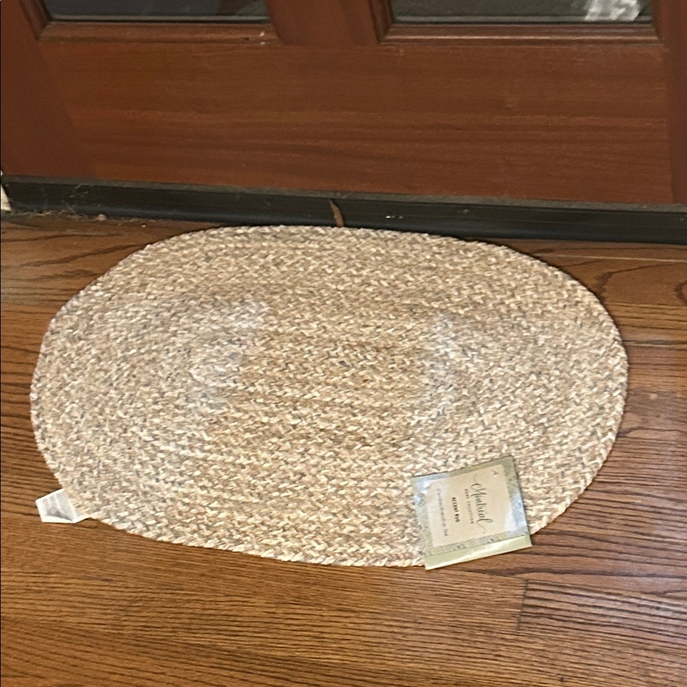 Beach Tan White Blue Braided Oval Jute Rug Natural Beige + Blue New Size 17 x 24